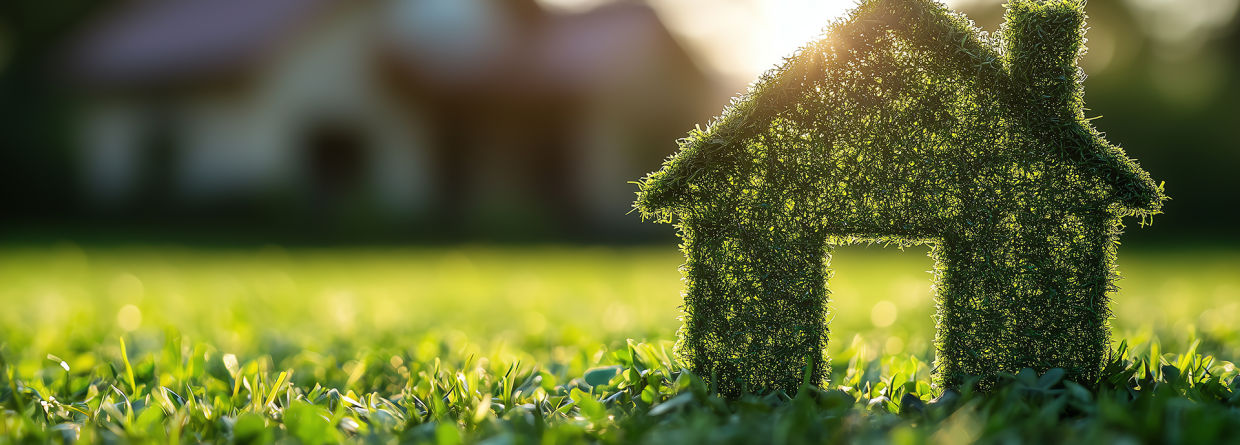 Huis van gras staat op een grasveld met de zon op de achtergrond