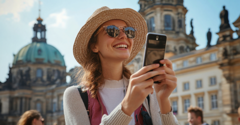 Vrouwelijke toerist legt herinneringen vast met mobiele telefoon